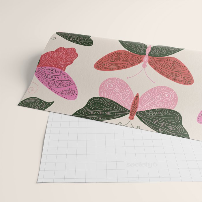 Tattooed Butterflies - Pink & Green Wrapping Paper Gallery Image 2
