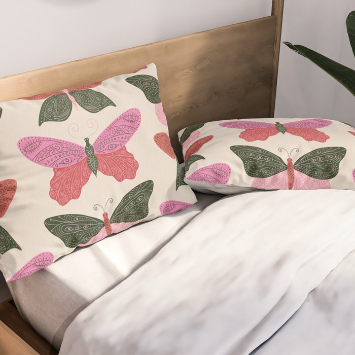 Tattooed Butterflies - Pink & Green Pillow Sham Gallery Image 2
