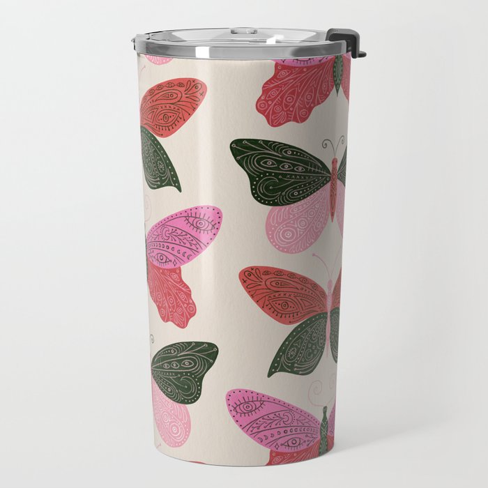 Tattooed Butterflies - Pink & Green Travel Mug Gallery Image 2