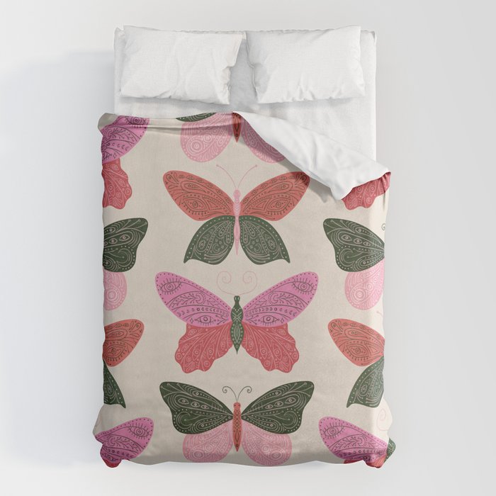 Tattooed Butterflies - Pink & Green Duvet Cover Gallery Image 1
