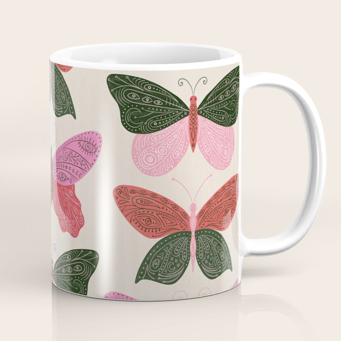Tattooed Butterflies - Pink & Green Coffee Mug Gallery Image 1