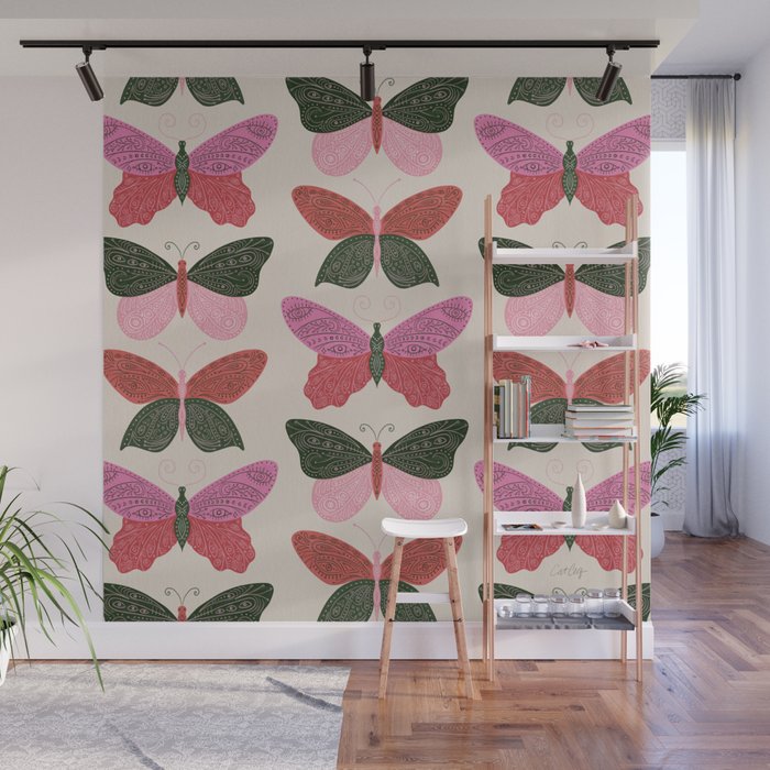 Tattooed Butterflies - Pink & Green Wall Mural Gallery Image 1