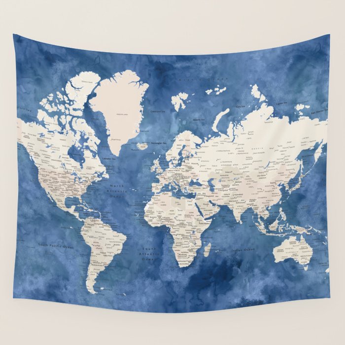 Light brown and blue watercolor detailed world map Wall Tapestry Gallery Image 4