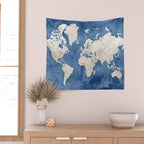 Light brown and blue watercolor detailed world map Wall Tapestry Gallery Image 2