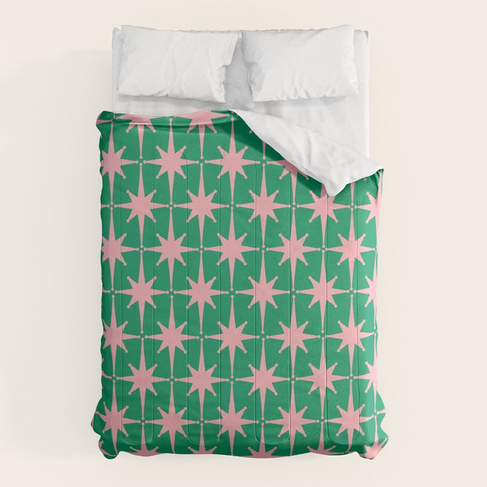 Midcentury Modern Atomic Age Starburst Pattern in Pink and Christmas Green Comforter Gallery Image 6
