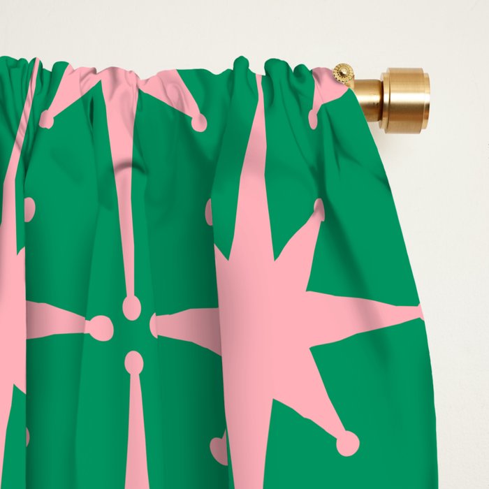 Midcentury Modern Atomic Age Starburst Pattern in Pink and Christmas Green Window Curtain Gallery Image 2
