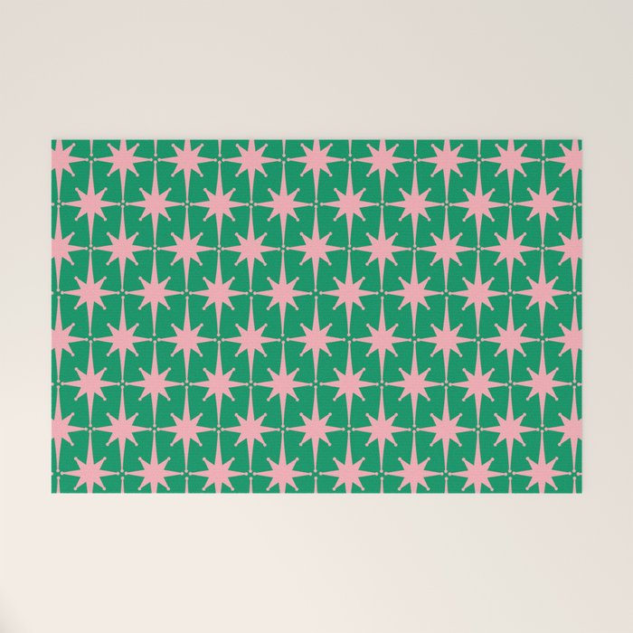 Midcentury Modern Atomic Age Starburst Pattern in Pink and Christmas Green Welcome Mat Gallery Image 1