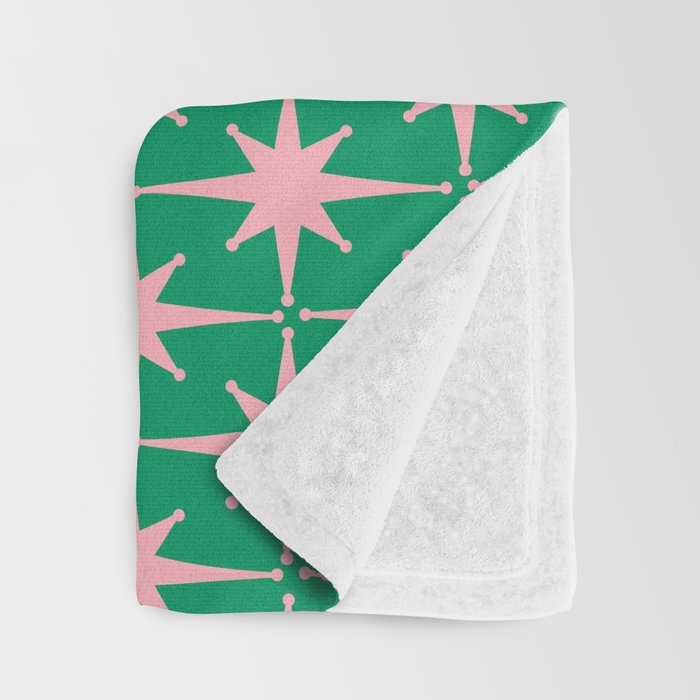 Midcentury Modern Atomic Age Starburst Pattern in Pink and Christmas Green Throw Blanket Gallery Image 3