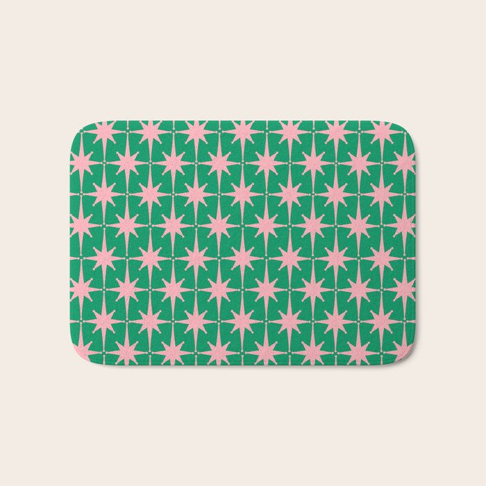 Midcentury Modern Atomic Age Starburst Pattern in Pink and Christmas Green Bath Mat Gallery Image 1