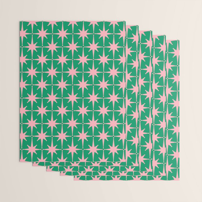 Midcentury Modern Atomic Age Starburst Pattern in Pink and Christmas Green Wrapping Paper Gallery Image 3