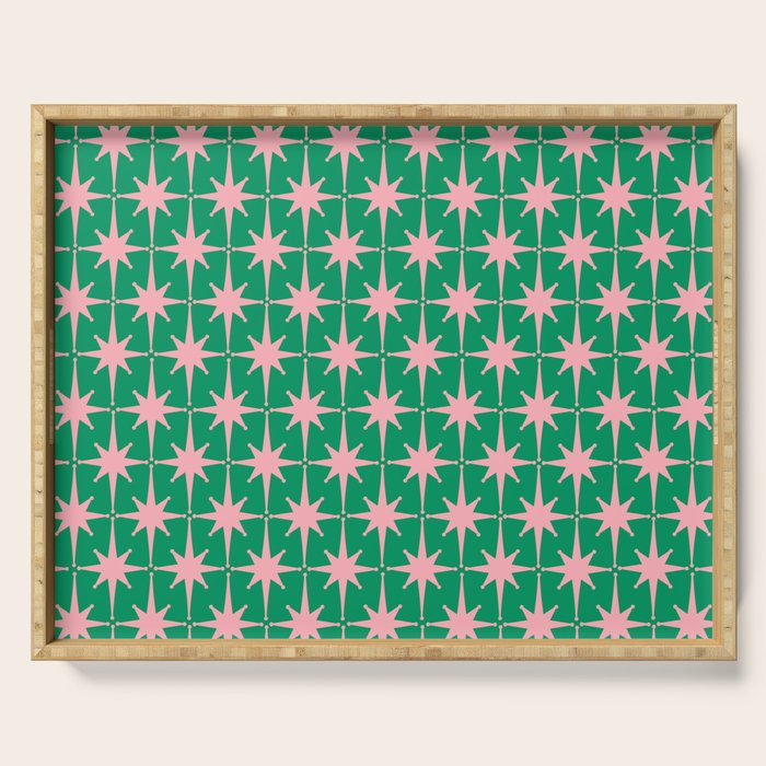 Midcentury Modern Atomic Age Starburst Pattern in Pink and Christmas Green Serving Tray Gallery Image 1