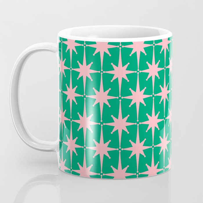 Midcentury Modern Atomic Age Starburst Pattern in Pink and Christmas Green Coffee Mug Gallery Image 3