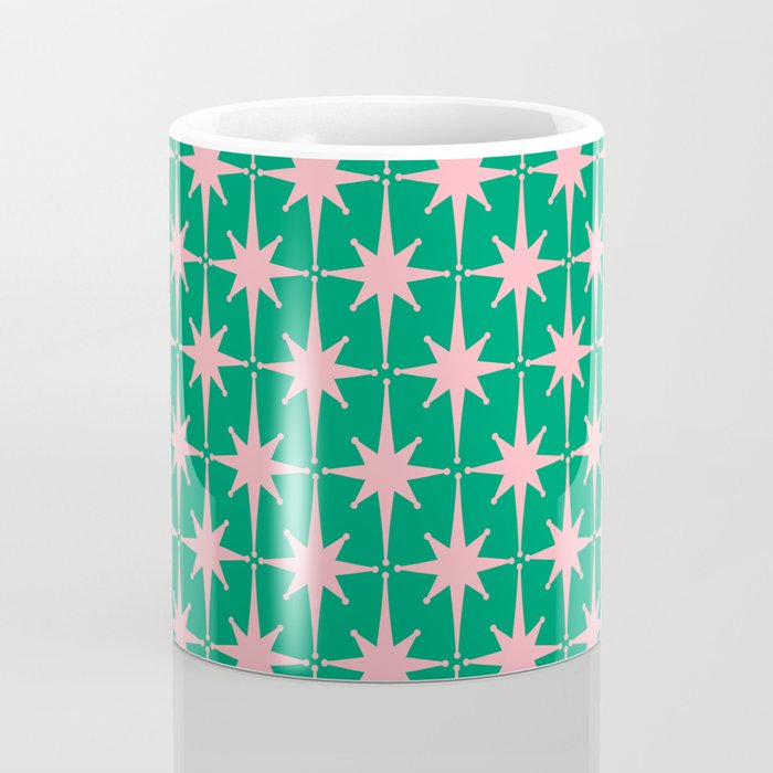 Midcentury Modern Atomic Age Starburst Pattern in Pink and Christmas Green Coffee Mug Gallery Image 4