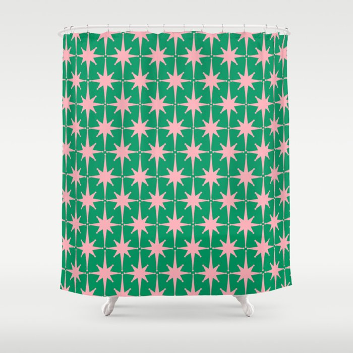 Midcentury Modern Atomic Age Starburst Pattern in Pink and Christmas Green Shower Curtain Gallery Image 1