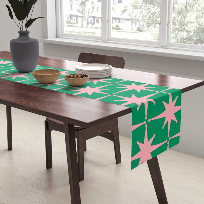 Midcentury Modern Atomic Age Starburst Pattern in Pink and Christmas Green Table Runner Gallery Image 2