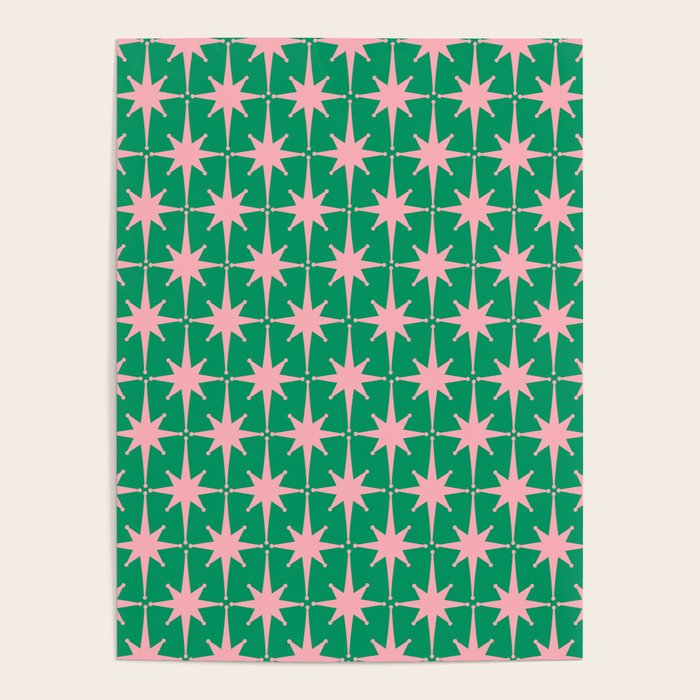 Midcentury Modern Atomic Age Starburst Pattern in Pink and Christmas Green Poster Gallery Image 4