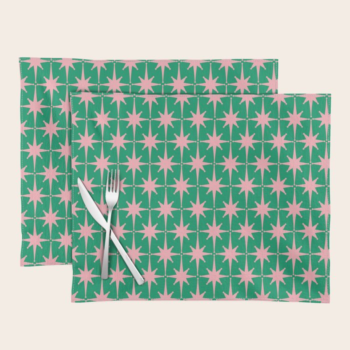 Midcentury Modern Atomic Age Starburst Pattern in Pink and Christmas Green Placemat Gallery Image 1