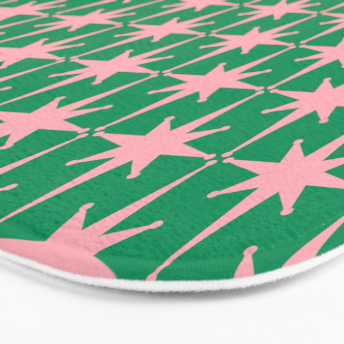 Midcentury Modern Atomic Age Starburst Pattern in Pink and Christmas Green Bath Mat Gallery Image 3
