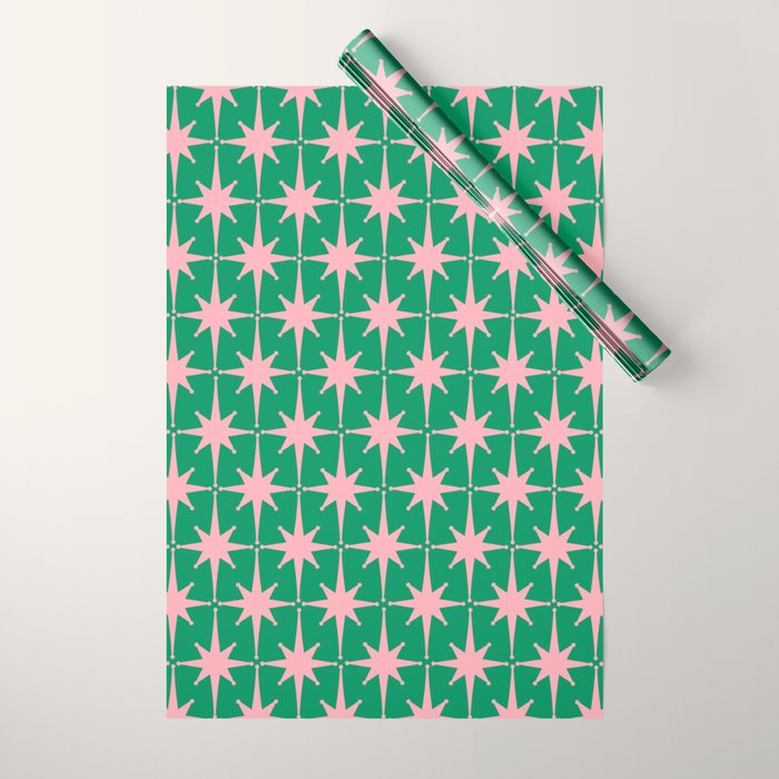 Midcentury Modern Atomic Age Starburst Pattern in Pink and Christmas Green Wrapping Paper Gallery Image 1