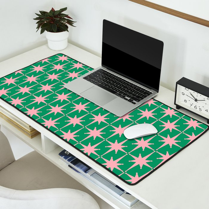 Midcentury Modern Atomic Age Starburst Pattern in Pink and Christmas Green Desk Mat Gallery Image 2