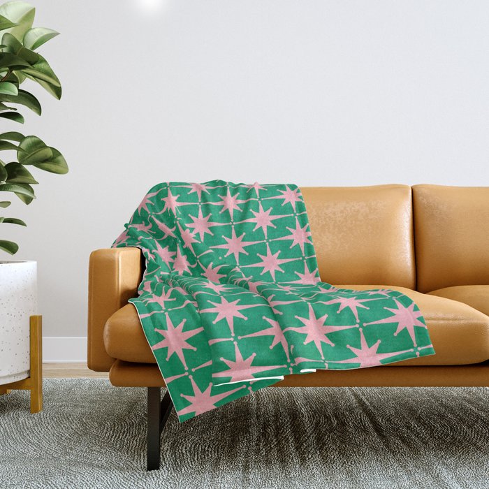 Midcentury Modern Atomic Age Starburst Pattern in Pink and Christmas Green Throw Blanket Gallery Image 1