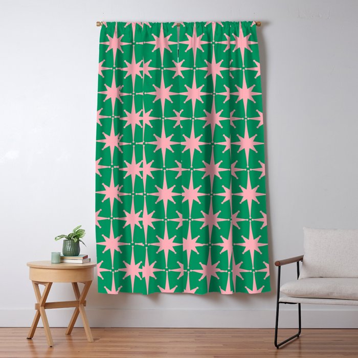 Midcentury Modern Atomic Age Starburst Pattern in Pink and Christmas Green Window Curtain Gallery Image 5