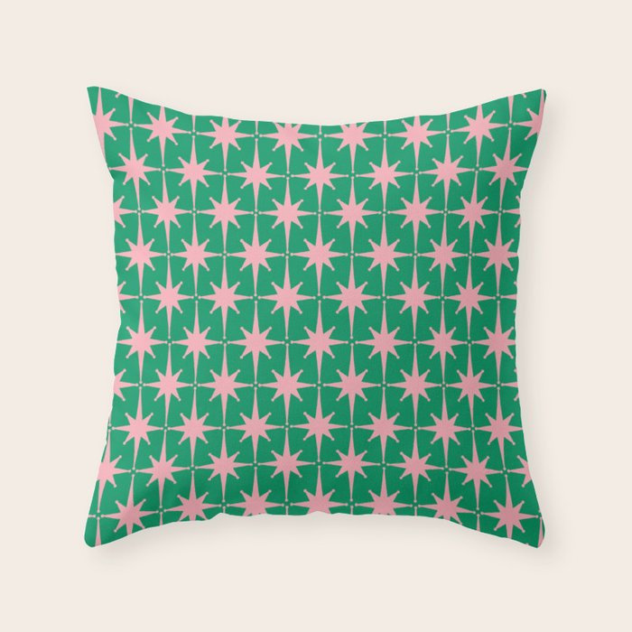Midcentury Modern Atomic Age Starburst Pattern in Pink and Christmas Green Throw Pillow Gallery Image 6