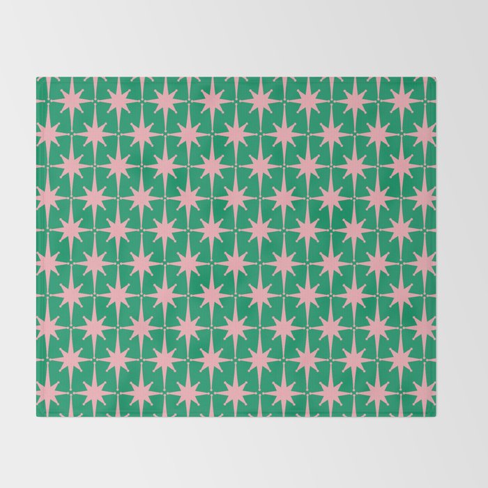 Midcentury Modern Atomic Age Starburst Pattern in Pink and Christmas Green Throw Blanket Gallery Image 2