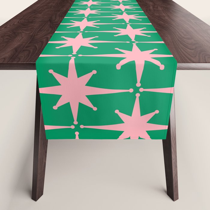 Midcentury Modern Atomic Age Starburst Pattern in Pink and Christmas Green Table Runner Gallery Image 1