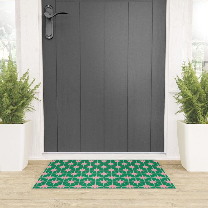 Midcentury Modern Atomic Age Starburst Pattern in Pink and Christmas Green Welcome Mat Gallery Image 3