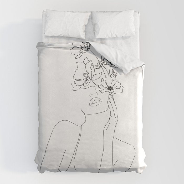 Minimal Line Art Woman with Flowers Duvet Cover Gallery Image 1