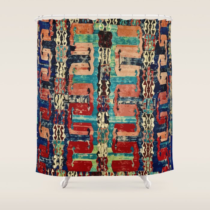 Karakecili Turkish Antique Kilim Flatweave Rug Pattern Shower Curtain Gallery Image 1
