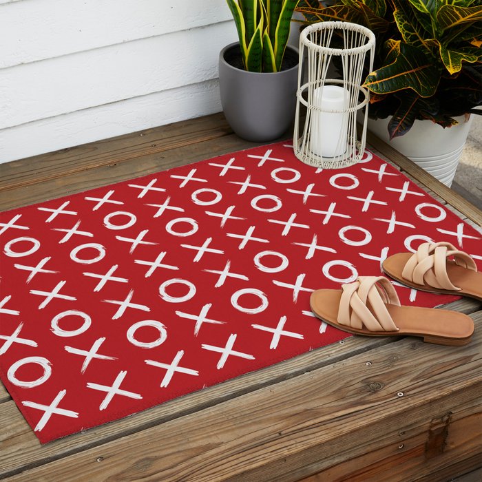 kisses and hugs // white on red Outdoor Rug Gallery Image 2