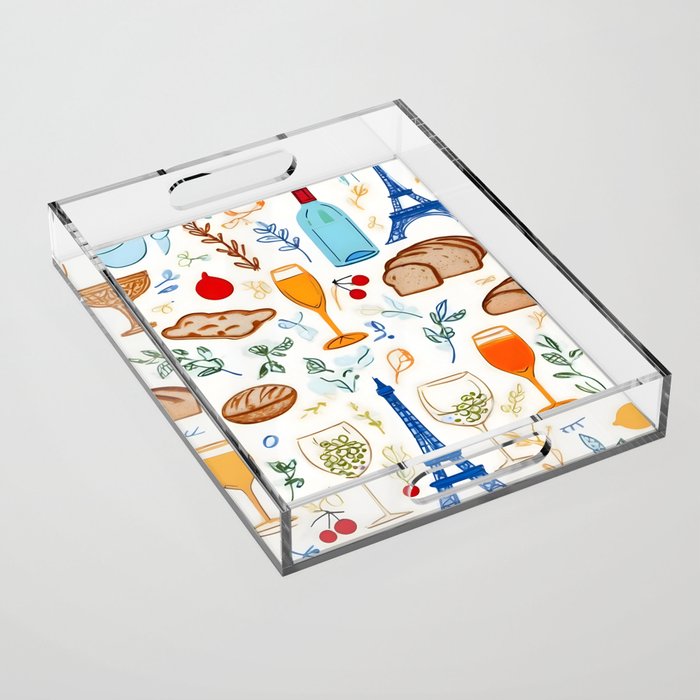 Paris Things, Travel Hand Drawn Doodles Sketch, Summer Vacation Colorful Bohemian Acrylic Tray Gallery Image 1