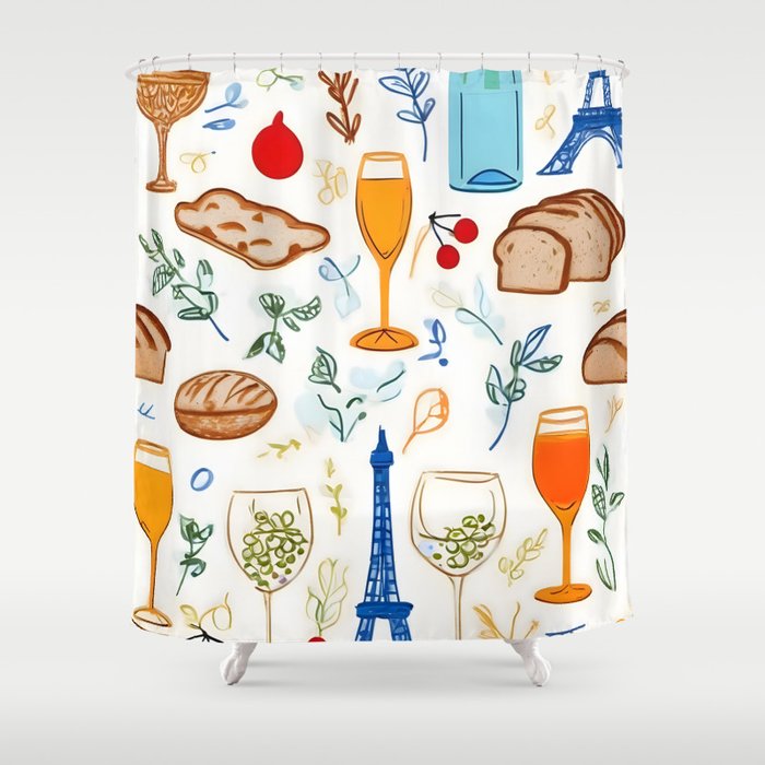 Paris Things, Travel Hand Drawn Doodles Sketch, Summer Vacation Colorful Bohemian Shower Curtain Gallery Image 1