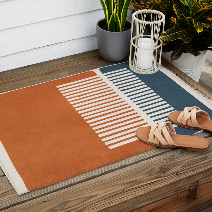 Navy Terra White Lines Color Block Artwork Outdoor Rug Gallery Image 2