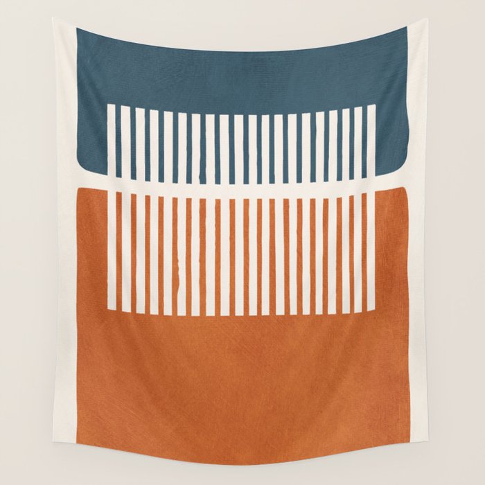 Navy Terra White Lines Color Block Artwork Wall Tapestry Gallery Image 1