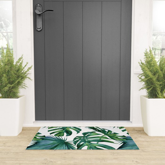 Classic Palm Leaves Tropical Jungle Green Welcome Mat Gallery Image 3