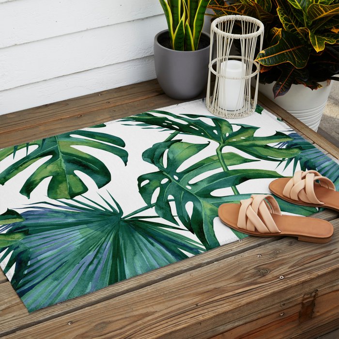 Classic Palm Leaves Tropical Jungle Green Outdoor Rug Gallery Image 2