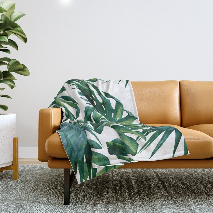 Classic Palm Leaves Tropical Jungle Green Throw Blanket Gallery Image 1