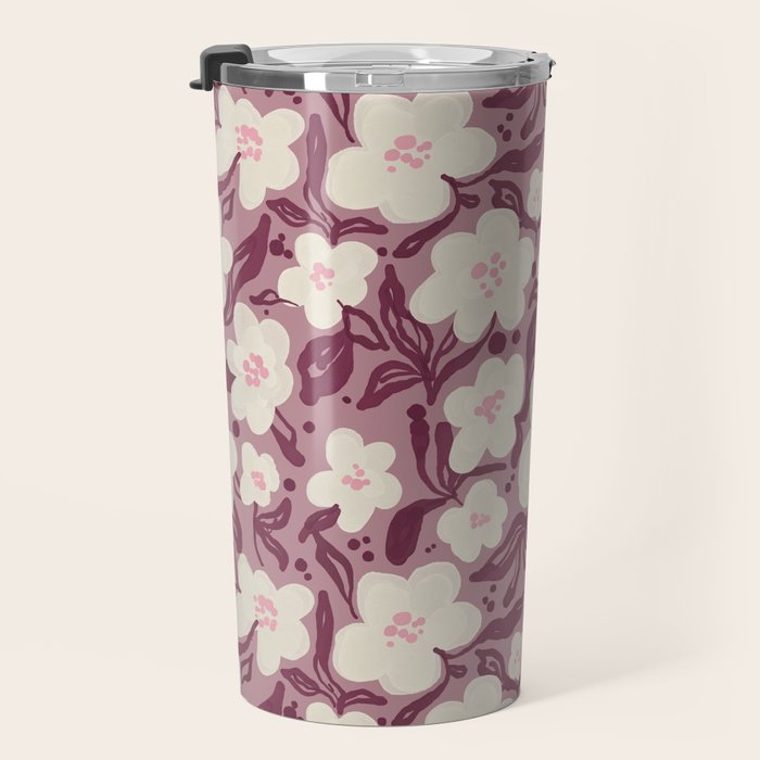 Cream Burgundy Floral Pattern Travel Mug Gallery Image 3