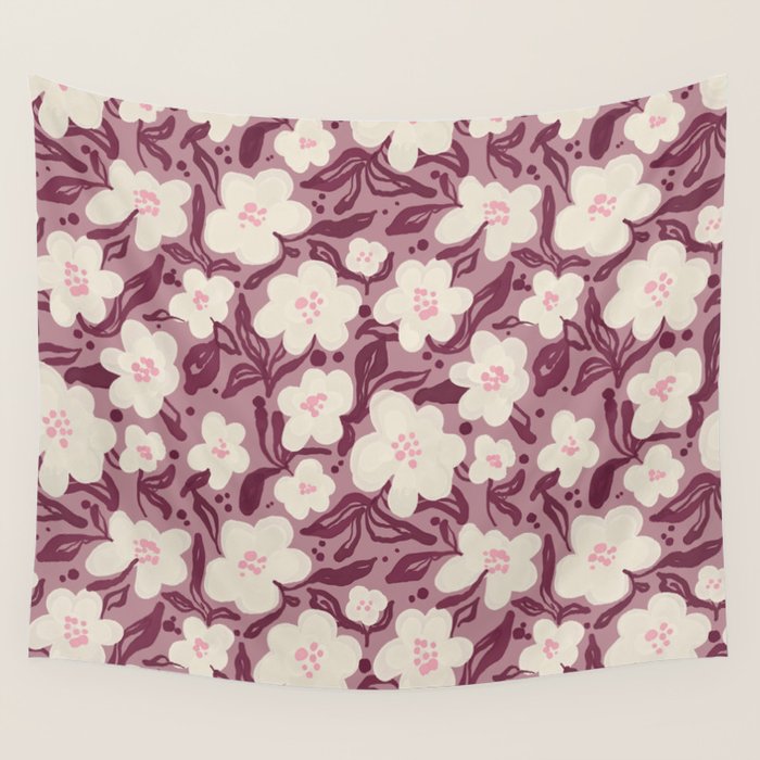 Cream Burgundy Floral Pattern Wall Tapestry Gallery Image 1