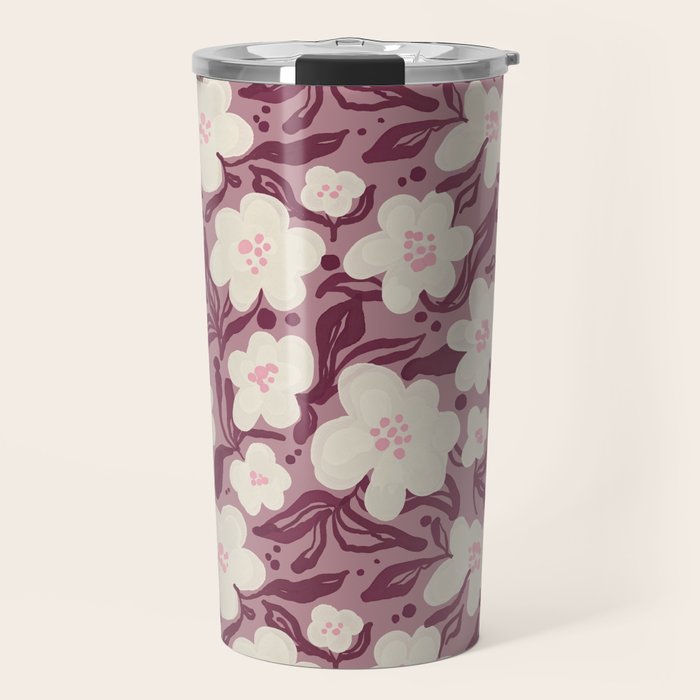 Cream Burgundy Floral Pattern Travel Mug Gallery Image 1