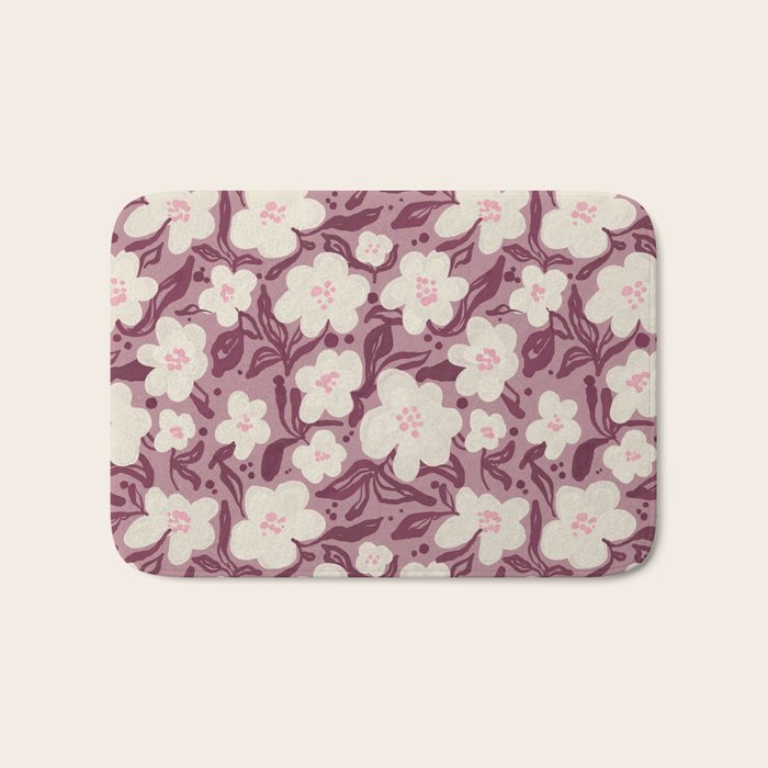 Cream Burgundy Floral Pattern Bath Mat Gallery Image 1