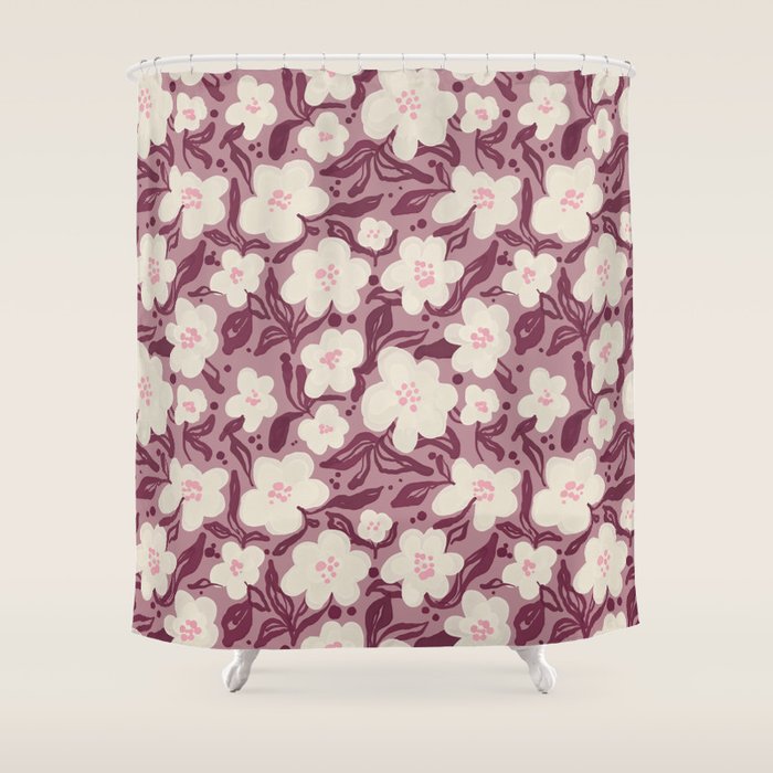 Cream Burgundy Floral Pattern Shower Curtain Gallery Image 1