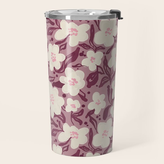 Cream Burgundy Floral Pattern Travel Mug Gallery Image 2