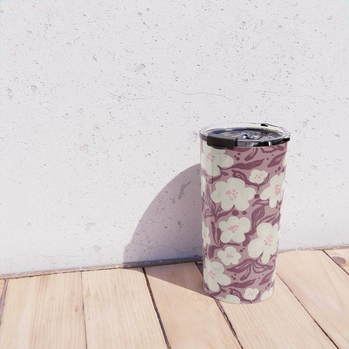 Cream Burgundy Floral Pattern Travel Mug Gallery Image 4