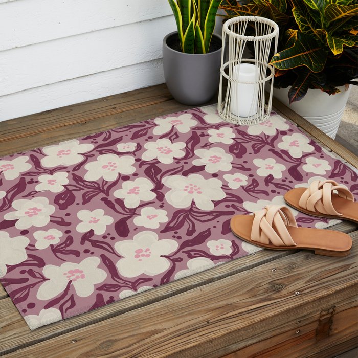 Cream Burgundy Floral Pattern Outdoor Rug Gallery Image 2
