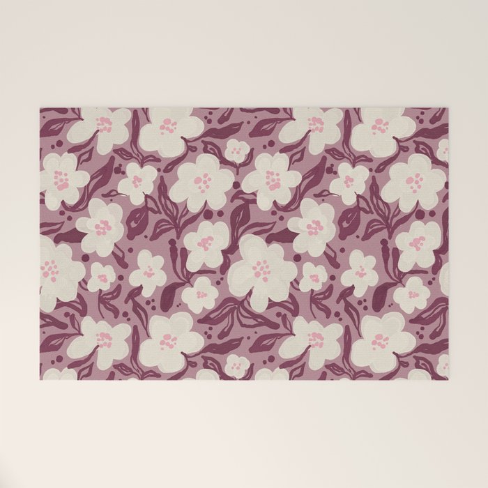 Cream Burgundy Floral Pattern Welcome Mat Gallery Image 1