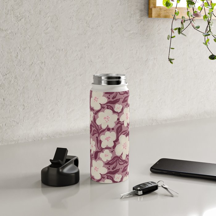 Cream Burgundy Floral Pattern Water Bottle Gallery Image 4